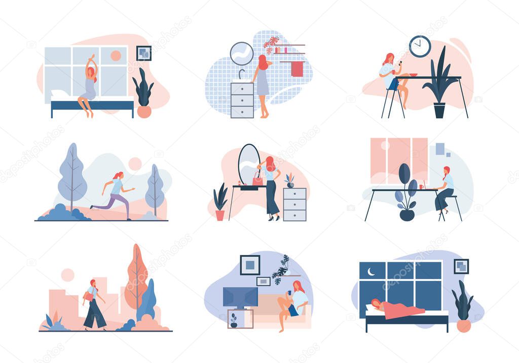 Everyday life of modern woman. Flat vector illustration