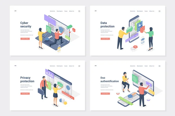 Acesso privado, segurança de perfil isométrico conjunto de modelos de landing page —  Vetores de Stock