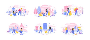 People cleaning garbage and planting tree. Set of flat vector illustrations