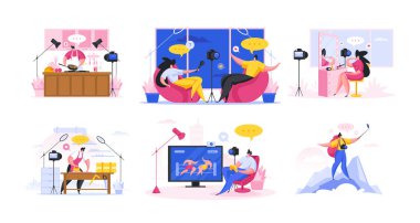Content shooting for various blogs. Flat cartoon people vector illustration