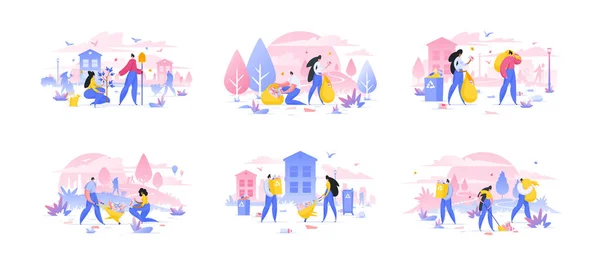People cleaning garbage and planting tree. Set of flat vector illustrations — Stok Vektör