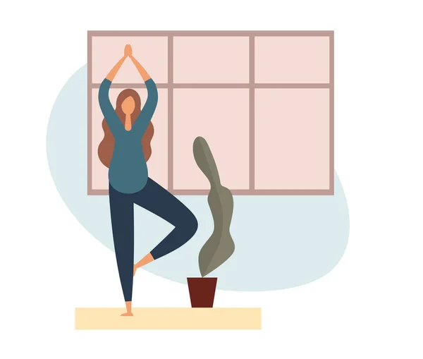 Donna incinta che fa yoga a casa. Illustrazione vettoriale piatto — Vettoriale Stock