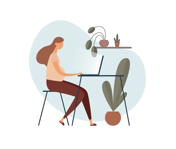 Pregnant freelancer using laptop at home. Flat vector illustration