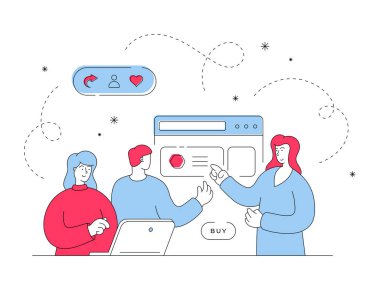 İnsanlar müdürün yardımıyla online alışveriş yapıyor. Düz çizgi vektör illüstrasyonu