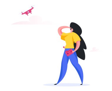 Woman piloting drone in countryside. Flat vector illustration