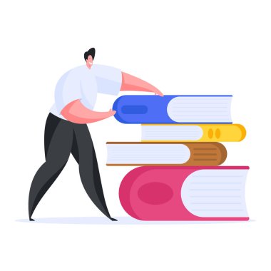 Smart man with stack of books. Flat vector illustration