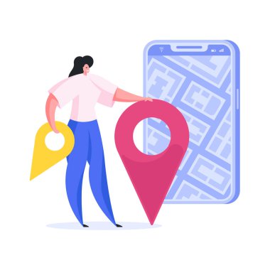 Woman using online map on smartphone. Flat vector illustration