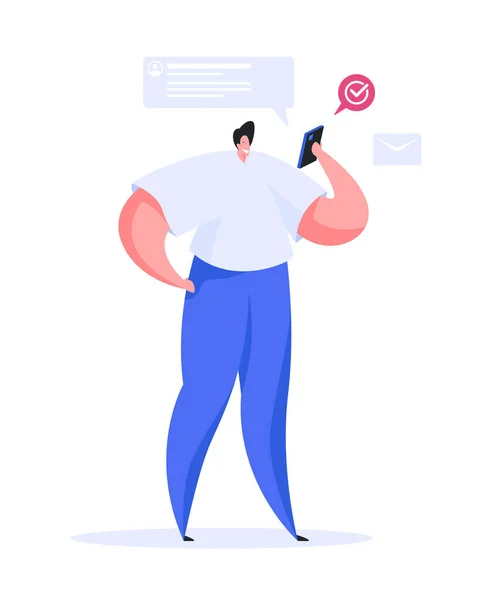 Man checking messages on smartphone. Flat vector illustration — Stock vektor