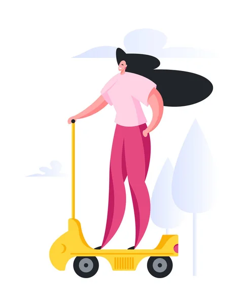 Woman riding electric scooter on street. Flat vector illustration — Wektor stockowy