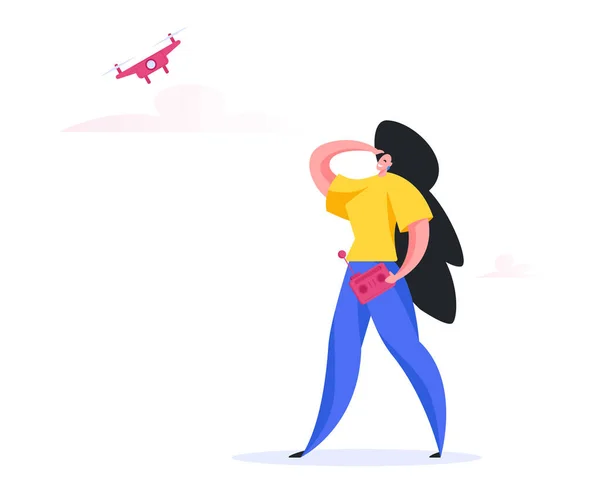 Woman piloting drone in countryside. Flat vector illustration — Stockvektor