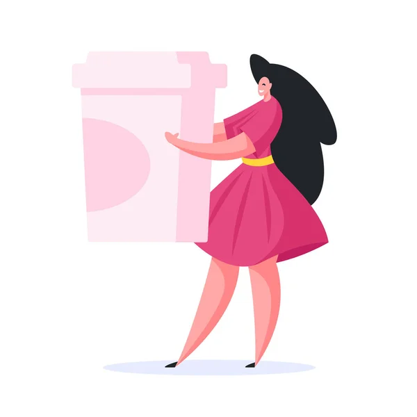 Cheerful woman with drink to go. Flat vector illustration — Διανυσματικό Αρχείο