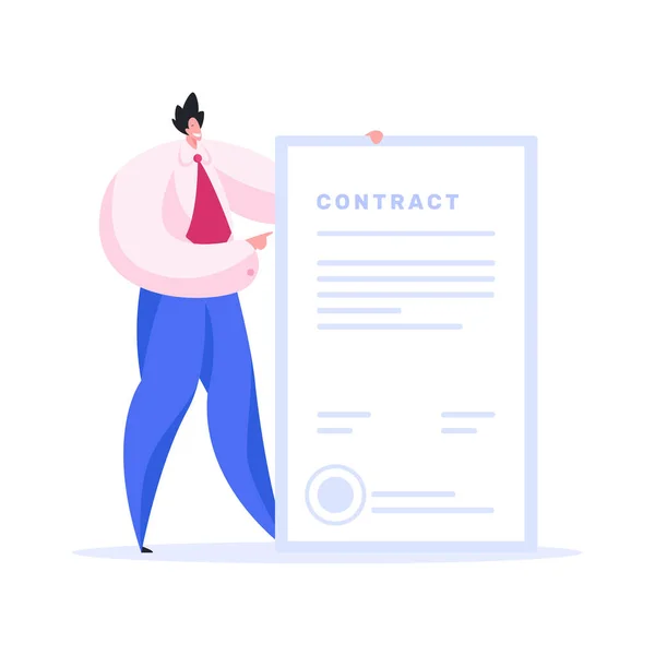 Friendly businessman showing signed contract. Flat vector illustration — Stock Vector