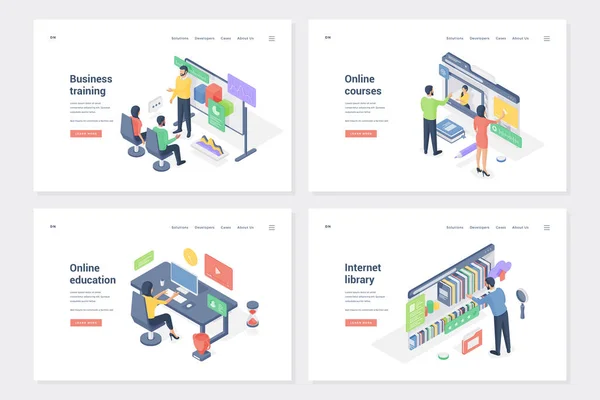Lärande, arbetskunskaper förbättra isometriska landningssida mallar som — Stock vektor