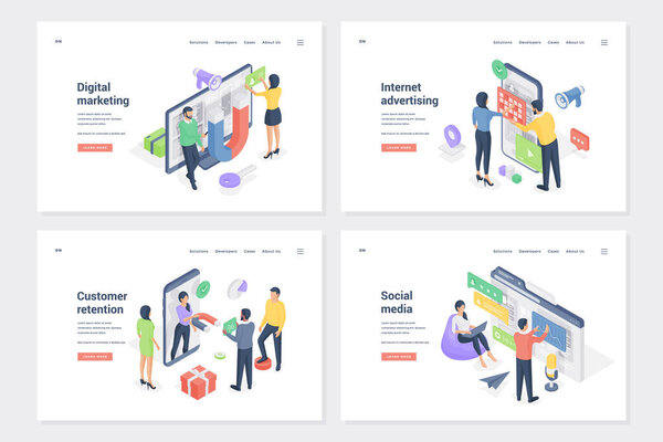 Business promotion isometric landing page templates set