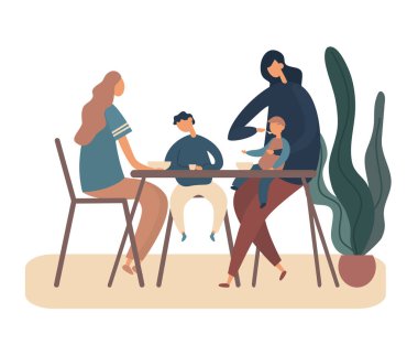 Modern aile kahvaltısını evde yapıyor. Düz vektör illüstrasyonu