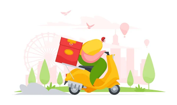 Delivery man riding motor scooter. Flat vector illustration — Stock Vector