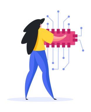 Kadın mühendis mikroçiple çalışıyor. Düz vektör illüstrasyonu