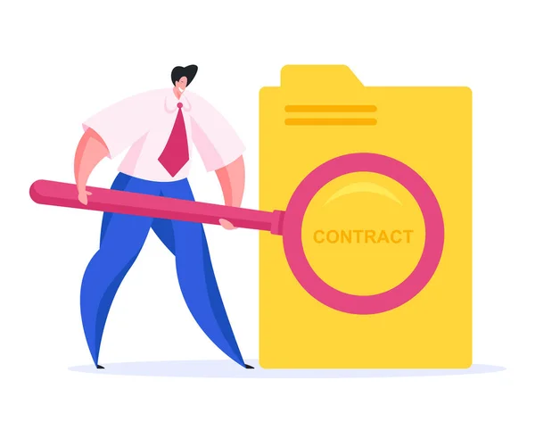 Modern businessman with magnifier examining contract. Flat vector illustration — Stock Vector