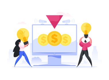 Kitle fonlama kampanyası sırasında fikir öneren mucitler. Düz vektör illüstrasyonu