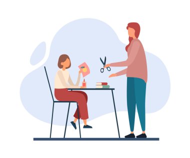 Anne ve kızı evde sanat yapıyor. Düz vektör illüstrasyonu