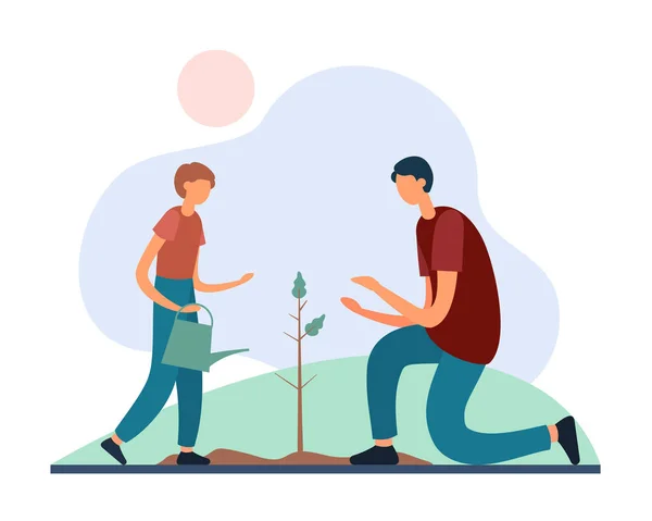 Padre e hijo plantando un árbol. Ilustración vectorial plana — Archivo Imágenes Vectoriales