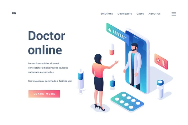 Изометрический дизайн веб-страниц, продвигающий медицинский онлайн-сервис — стоковый вектор