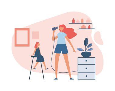 Saçı kuruyan annesini izleyen bir kız. Düz vektör illüstrasyonu