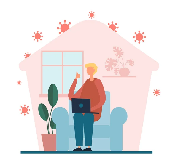 Creative cartoon man working with laptop at home — Stock Vector