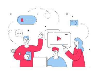Arkadaşlar videoları izleyip yorum bırakıyorlar. Düz çizgi vektör illüstrasyonu