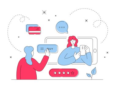 Reklamlardan akıllı telefon alan bir kadın. Düz çizgi vektör illüstrasyonu