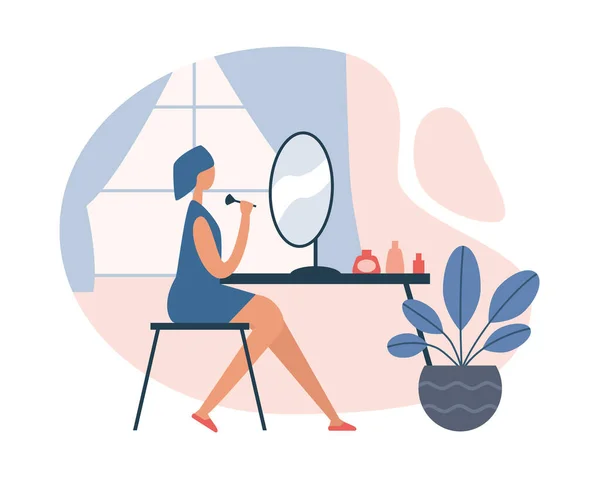 Иллюстрация Женщины Сидящей Стуле Перед Зеркалом Делающей Макияж Помощью Кисти — стоковый вектор