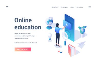 Eğitimsel öğeler etrafında mobil uygulama kullanan öğrencili Isometric afiş tasarımı beyaz arka planda izole edilmiş çevrimiçi eğitim hakkında web sitesini teşvik eden