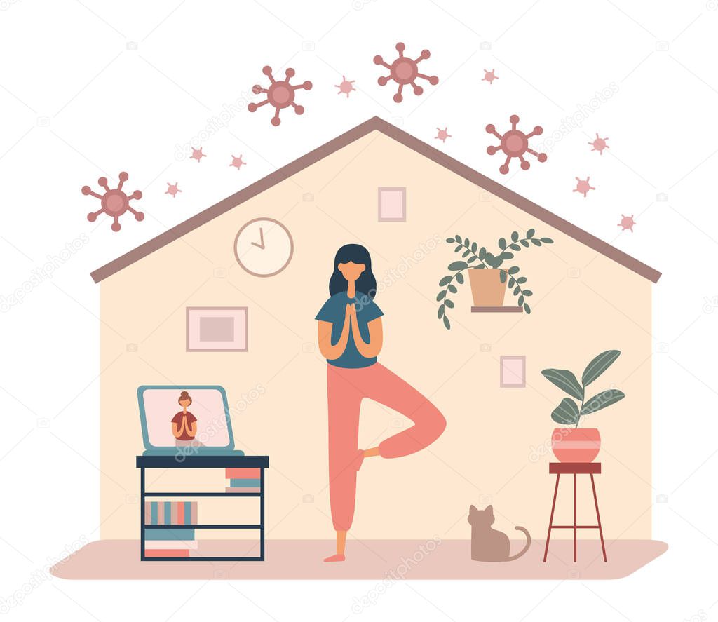 Flat vector style of cartoon female doing yoga asana having online tutorial class with laptop staying home during pandemic of coronavirus
