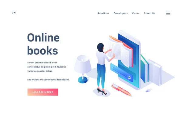 Vector vrouwelijke student leest online boek over banner design — Stockvector