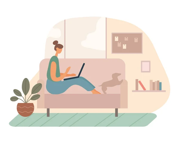 Freelancer femenina usando laptop en sofá cerca del perro — Vector de stock