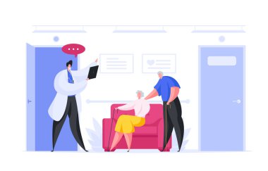 Hastane koridorunda kanepede dinlenen ve tıbbi randevu sırasında doktoru dinleyen yaşlı erkek ve kadının vektör çizimi