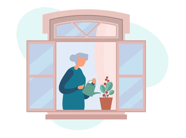 オープンウィンドウの近くに立っている髪のパンと自宅で時間を過ごしながら鉢植えの植物を散水高齢女性のベクトルイラスト コロナウイルスのパンデミック時の社会的隔離 — ストックベクタ