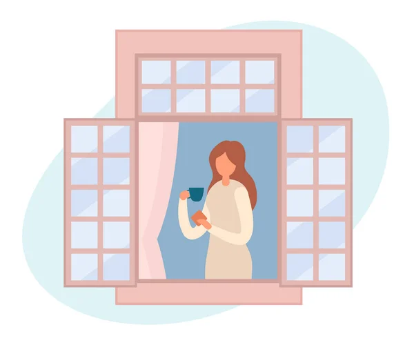 站在敞开的窗前 在家中休息的现代女性 一杯热饮和甜点的病媒图解 人在家里靠窗的时候是被隔离的 — 图库矢量图片