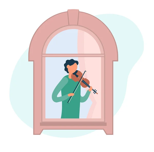 窓の近くに立つプロの男性ミュージシャンの漫画のベクトルイラストや自宅で居心地の良い部屋でリハーサル中にバイオリンを演奏 隔離室の窓のそばにいる人たち — ストックベクタ