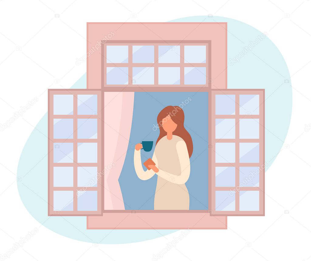 Vector illustration of modern female with cup of hot drink and dessert standing near open window and resting at home. People staying by the window at home in self quarantine