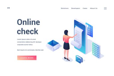 Modern bir kadının akıllı telefondan internet faturasını okurken ve kontrol ederken tanımlama ve bağlantı düğmesine yakın alımlarının vektör illüstrasyonu. Isometric web pankartı, iniş sayfası şablonu