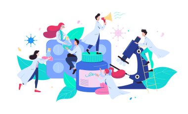 Modern bilim adamları yeni ilaçlar icat ediyor. Düz vektör illüstrasyonu