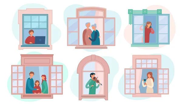 Personas descansando cerca de ventanas abiertas en casa — Vector de stock