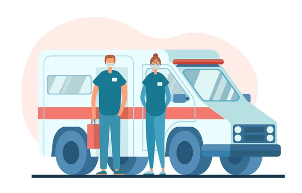Medici in maschera in piedi vicino al furgone ambulanza — Vettoriale Stock