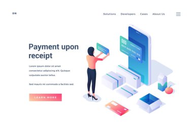 Akıllı telefon ve kredi kartı kullanan modern bir kadının tarifi ve bağlantısı üzerine malların parasını ödediği bir tasviri. Isometric web pankartı, iniş sayfası şablonu