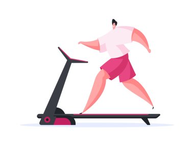 Spor kıyafetli neşeli bir adamın spor salonunda spor yaparken gülümseyen ve koşu bandında koşarken spor yaparken vücut egzersizi yaptığını gösteren vektör çizimi.