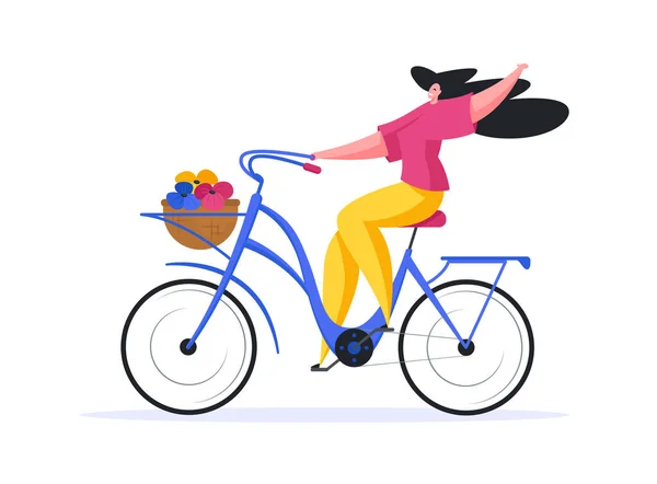 Ilustración Vectorial Ciclista Femenina Emocionada Sonriendo Levantando Mano Mientras Monta — Archivo Imágenes Vectoriales