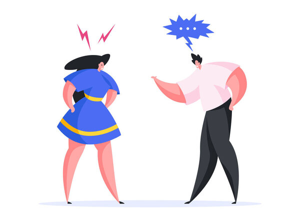 Colorful vector illustration of contemporary cartoon male in casual clothes screaming at enraged girlfriend while having argument and expressing disagreement