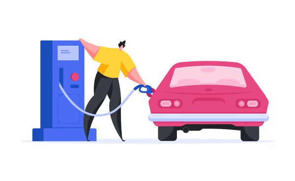 Colorful vector illustration of contemporary cartoon driver pouring gasoline into vehicle tank while standing near pump on modern fuel station