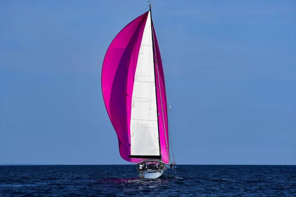Sailing boat on open sea with big crimson (pink) spinnaker sail